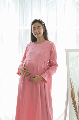 Mutiara Gamis Ibu Hamil Menyusui Muslim Manik Dada - GMS 262 Pink